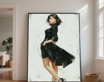 Canvasafdruk Elegante vrouw in zwarte jurk, moderne modemuurkunst