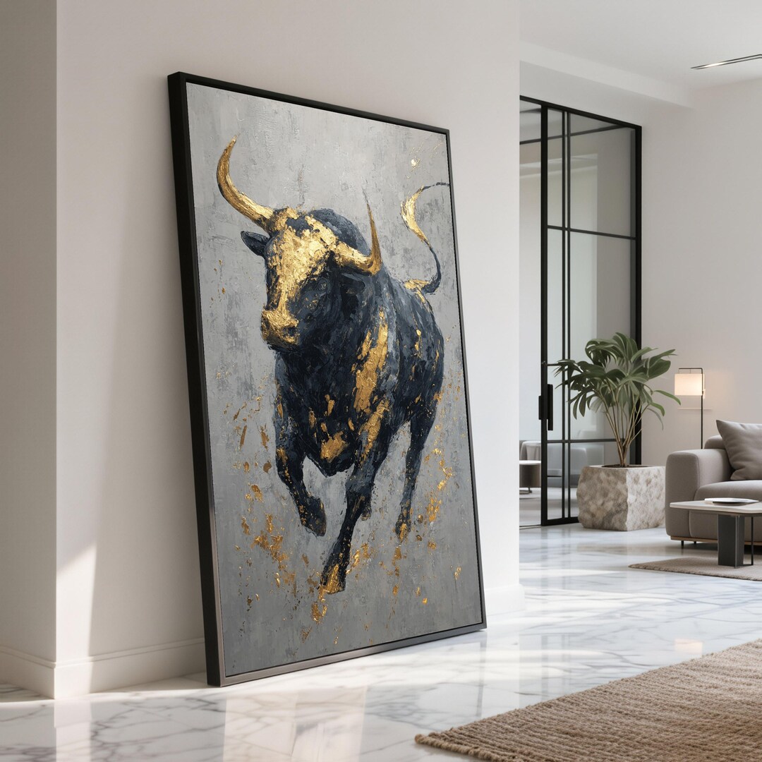 Majestic Running Bull Canvas Wall Art, Gold Leaf Accents, Abstract ...