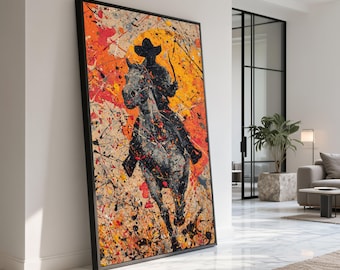 Cowboy Rider Canvas Art, Western Horseback Abstract Painting, Ready to Hang