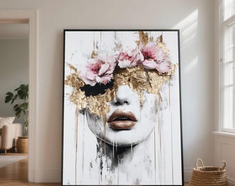 フラワーアート 女性の肖像画 花柄の顔の肖像キャンバス、ピンクの花冠のウォールアート、抽象的な