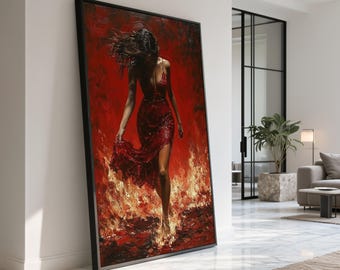 Woman in Red Dress Canvas, Abstract Flame Art, Modern Wall Decor