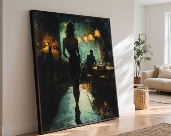 Puede incluir: Gran impresión artística enmarcada que representa a una mujer con un vestido negro caminando en un bar o restaurante con poca luz. La pintura tiene una paleta de colores oscura y melancólica con iluminación amarilla y naranja cálida.