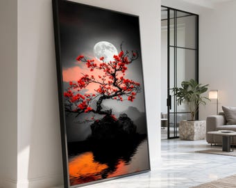 Full Moon Red Blossom Tree Canvas, Mystical Asian Landscape Art