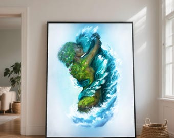 Earth and Water Embrace Canvas, Surreal Couple Illustration