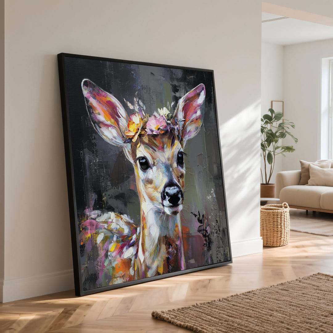 Floral Crown Fawn Portrait Canvas, Abstract Wildlife Painting - Etsy
