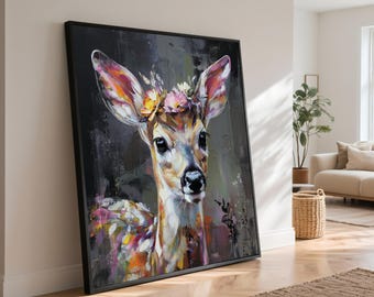Floral Crown Fawn Portrait Canvas, Abstract Wildlife Painting