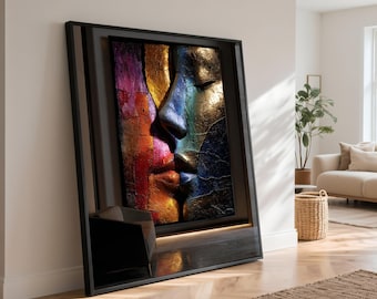 Abstract Face Kiss Canvas Wall Art, Colorful Lovers Portrait, Modern Romantic Home Decoration, Large Wall Art Design, Ready to Hang