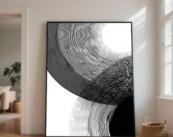 Nowoczesne abstrakcyjne płótno z czarno-białymi okręgami, minimalistyczna geometryczna sztuka ścienna, współczesna dekoracja domu, płótno z graficznym wzorem linii