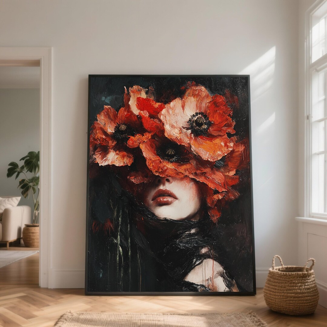 Abstract Woman Portrait With Red Poppies Canvas, Floral Face Art ...