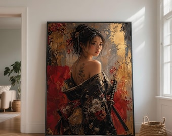 Elegante retrato de geisha en lienzo, arte mural de kimono floral, pintura de mujer japonesa, decoración de espada samurái, impresión en lienzo asiática
