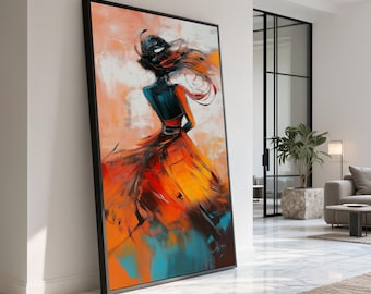 Abstract Woman in Flowing Dress Canvas, Modern Figurative Art, Dynamic Orange Blue Painting, Contemporary Wall Art for Home Decor