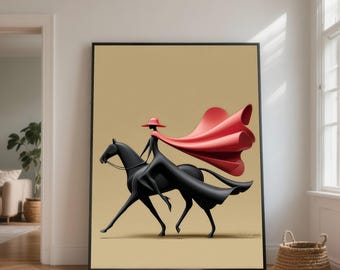Arte ecuestre en lienzo: mujer montando un caballo negro con silueta de capa roja