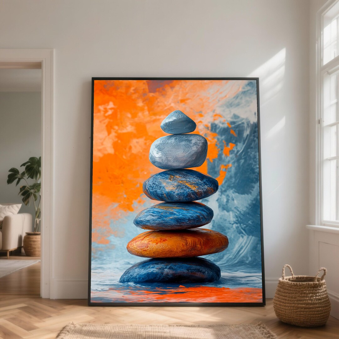 Zen Stone Stack Canvas, Abstract Orange Blue Wall Art, Tranquil Nature ...