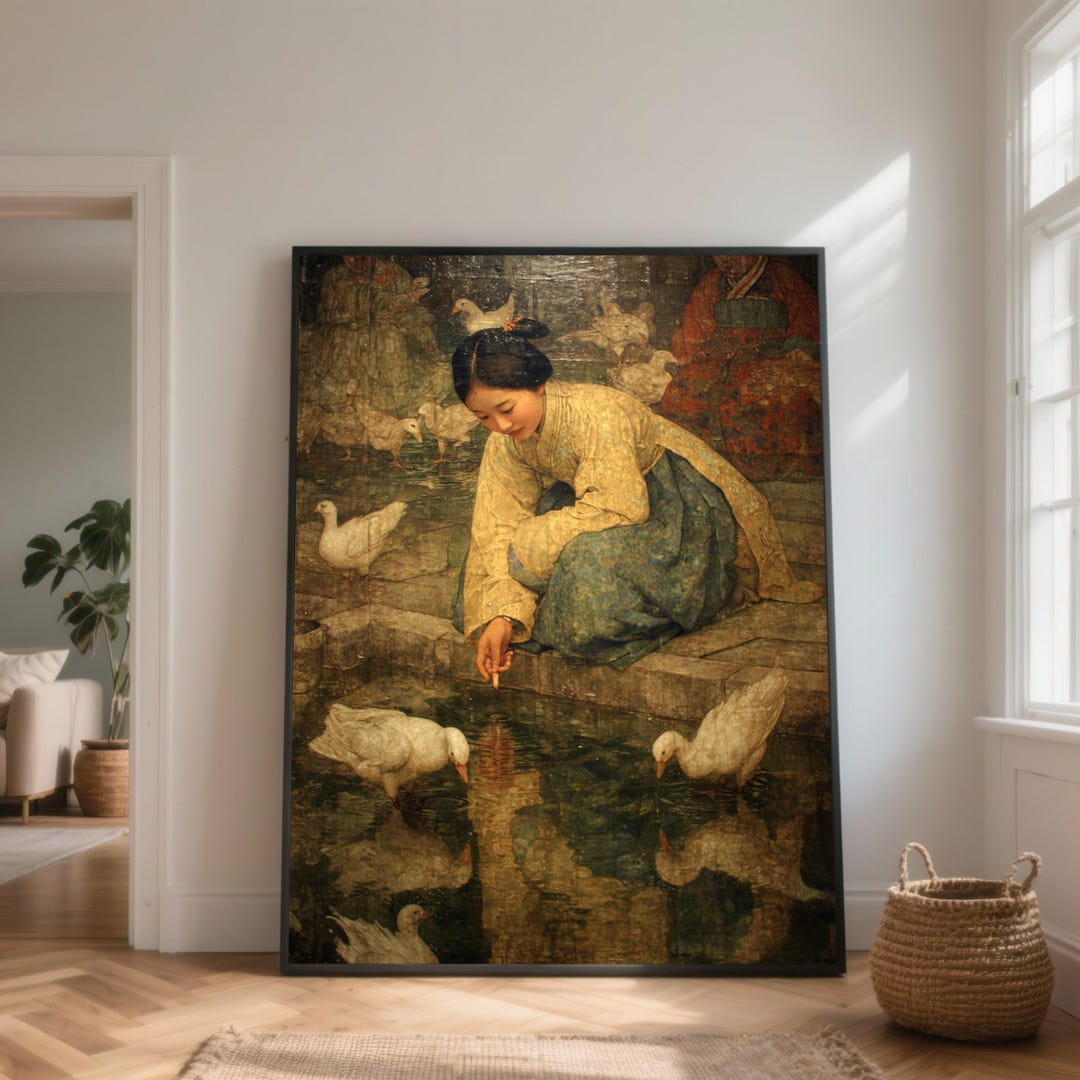 Vintage Asian Woman Feeding Ducks Canvas, Oriental Wall Art - Etsy