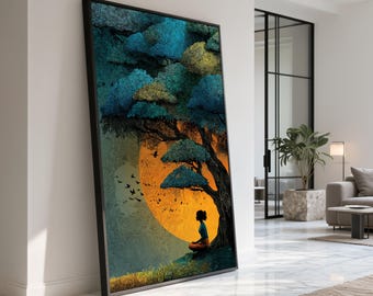 Meditative Woman Canvas Art, Abstract Sunset Tree, Zen Home Decor