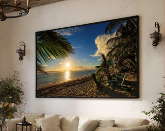 Tropical Beach Sunset Canvas Print, Palm Silhouette Coastal Wall Art