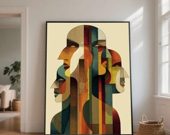 Abstract Faces Canvas Art, Geometric Portrait, Colorful Cubism Decor