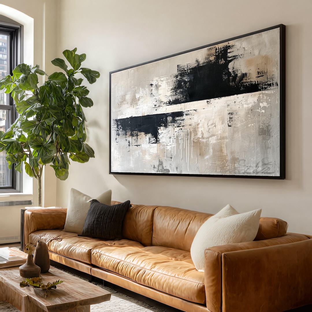 Abstract Black Beige Canvas Painting, Modern Minimalist Wall Art Home ...