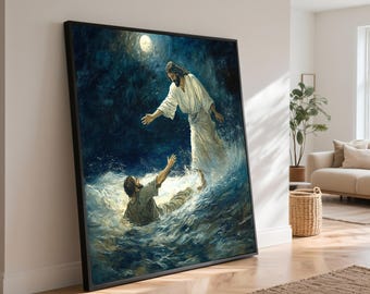 May include: A framed painting depicts a biblical scene of a figure reaching out to another in turbulent water under a moonlit sky. The artwork features a dark blue and white color palette, with the figures in flowing robes.