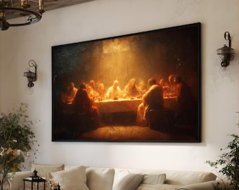 May include: A large framed painting depicting a religious scene with figures gathered around a table. The artwork features warm, earthy tones and a dramatic use of light and shadow, creating a sense of depth and solemnity. The painting is displayed above a cream-colored sofa.
