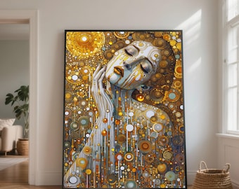 Peut inclure: Grande impression d'art encadrée représentant une femme aux yeux fermés, réalisée dans un style mosaïque. L'œuvre utilise une palette de couleurs or, orange et blanc, avec des motifs circulaires complexes et des lignes fluides. Les lèvres de la femme sont orange foncé.