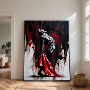 May include: A large framed artwork depicts a matador in a black and silver suit, holding a red cape. The painting has a dramatic, abstract style with red and black paint splatters against a white background. The matador is in a dynamic pose.