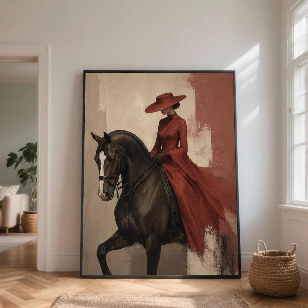 Elegant Woman Red Dress Riding Black Horse Canvas Wall Art, Vintage ...