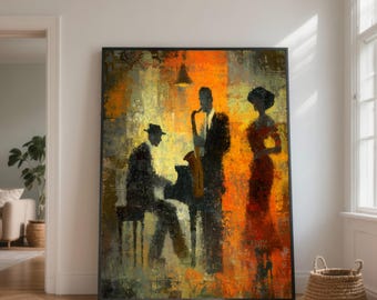 Jazz Night Vibes Canvas Wall Art, Abstract Music Scene, Saxophone and Piano Players, Vintage Style Home Decor, Colorful Artistic Canvas