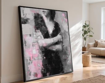 Abstract Woman Portrait Canvas, Modern Black and Gray Painting, Pink Accents Wall Art, Brushstroke Canvas, Home Decor Art