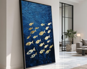Impresión en lienzo de pez dorado, océano azul abstracto, arte mural costero moderno
