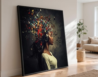 Music Canvas Print – Woman with Headphones, Abstract Sound Notes Art