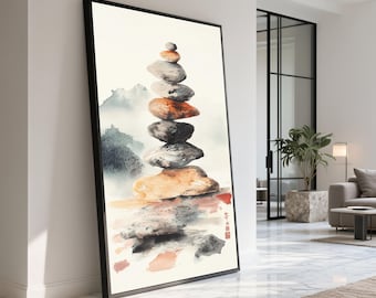 禅の積み重ねられた石のキャンバスプリント、ミニマリストの自然の壁アート