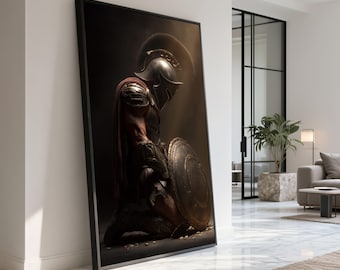 May include: Framed artwork depicting a kneeling warrior in ancient armor, holding a shield. The artwork features a dark, dramatic color palette with red and gold accents. The warrior is wearing a helmet and a cape.