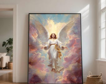 天使の集まり、神聖な光のキャンバス、スピリチュアルな壁アート、天使