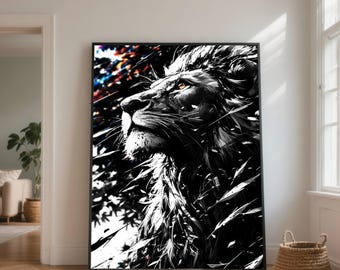 Majestic Lion Canvas Art, Black and White Wildlife Portrait