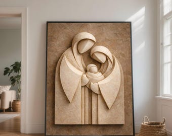 May include: A beige relief sculpture of the Holy Family, framed in black. The artwork depicts Mary, Joseph, and the baby Jesus in a stylized, geometric design. The background is a textured, light brown surface.