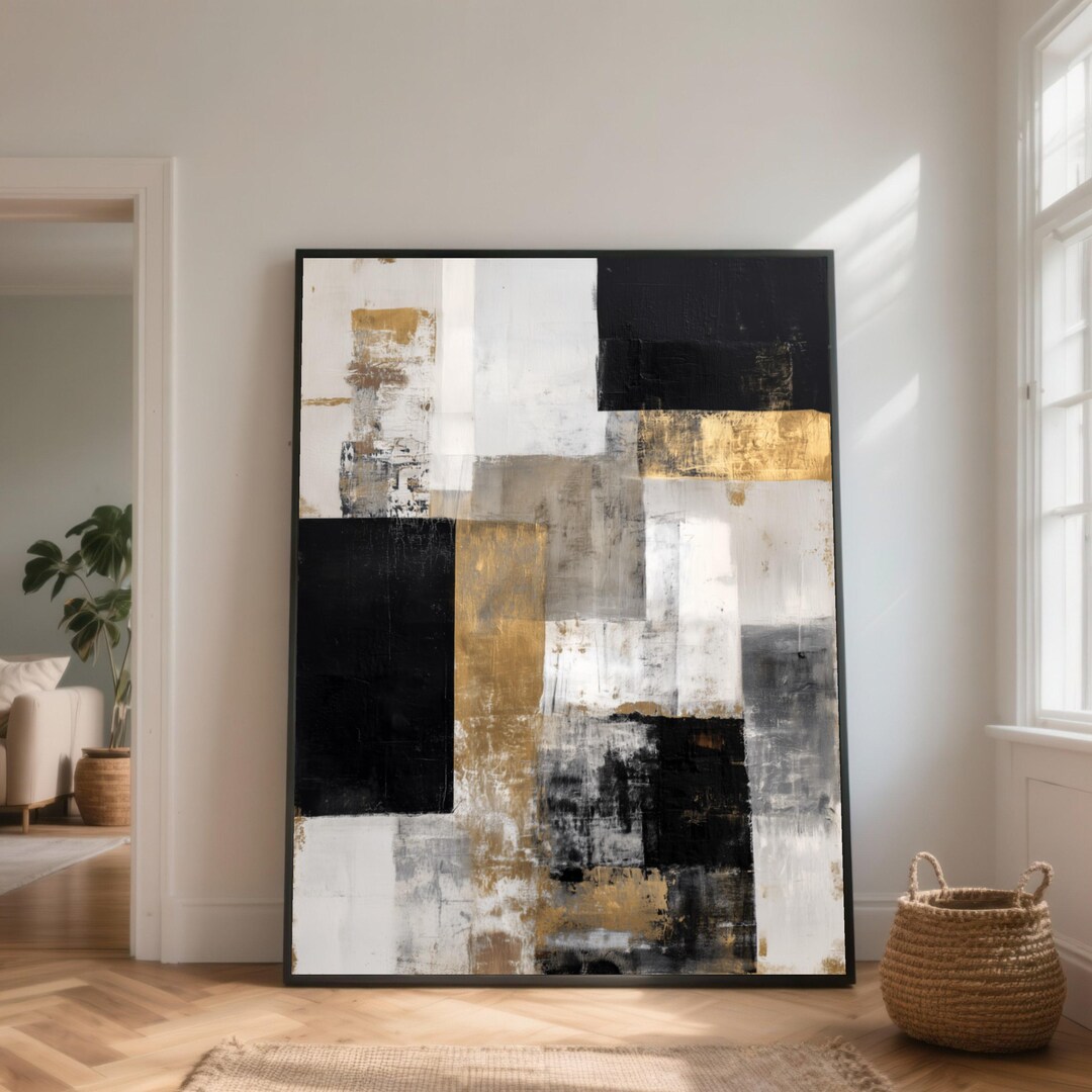 Black, Gold & White Abstract Canvas Art, Modern Geometric Wall Decor - Etsy