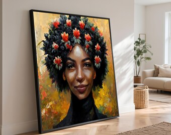 Könnte beinhalten: Ein gerahmter Kunstdruck mit einem Porträt einer Person mit dunkler Haut und einem Blumenschmuck. Das Kunstwerk hat eine warme Farbpalette und einen schwarzen Rahmen. Die Person trägt einen schwarzen Rollkragenpullover.
