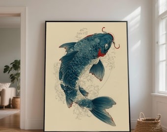 Blue Koi Fish Canvas Art, Japanese Illustration, Asian Decor