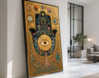 Mistyczny płótno z dłonią Hamsy, kwiatowe złe oko, wystrój boho
