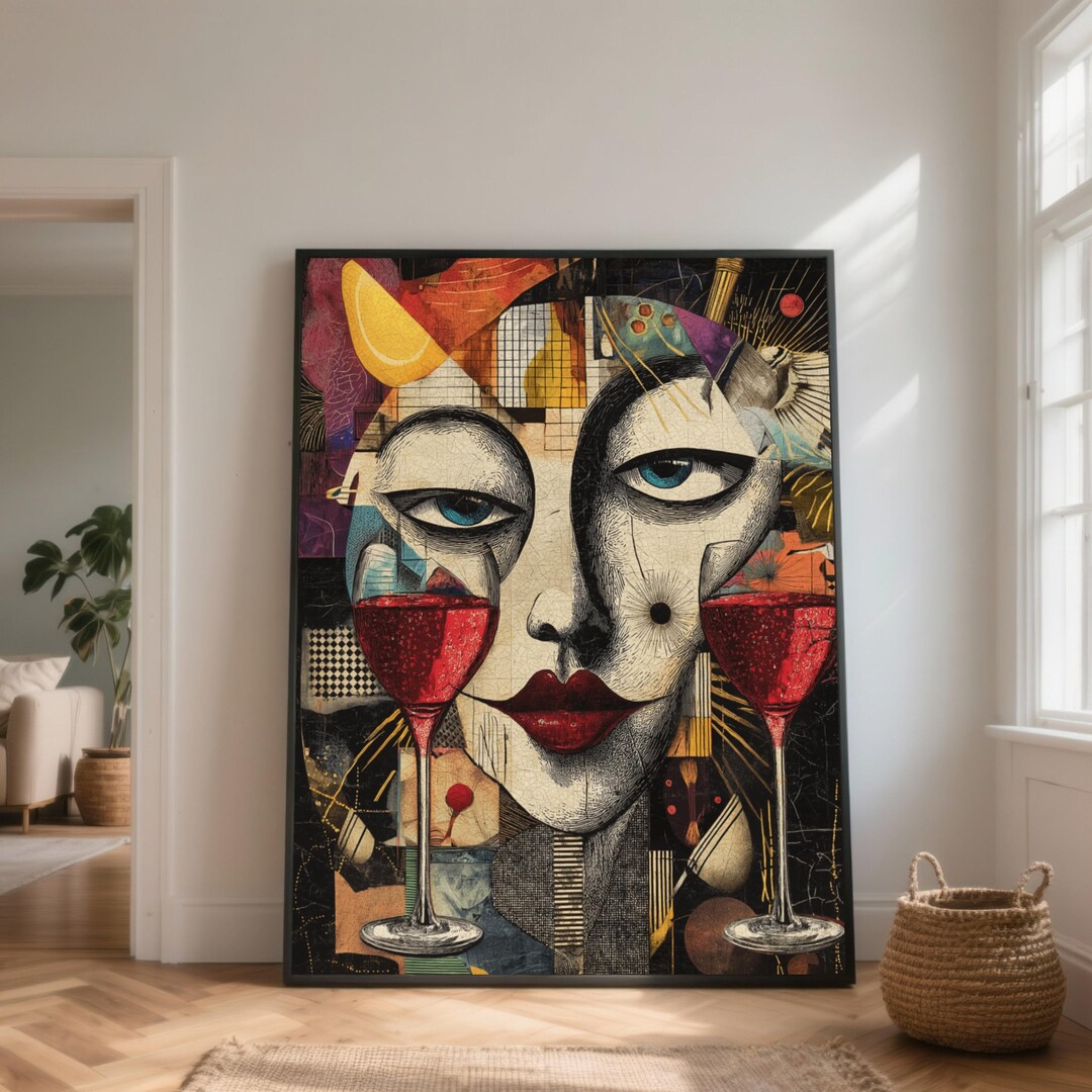 Abstract Woman Face Canvas, Surreal Wine Glass Art, Modern Cubism Wall ...