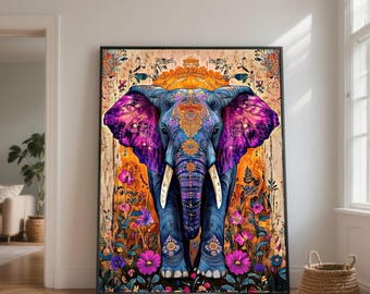 Levendige canvasafdruk olifant, boho bloemenmuurkunst