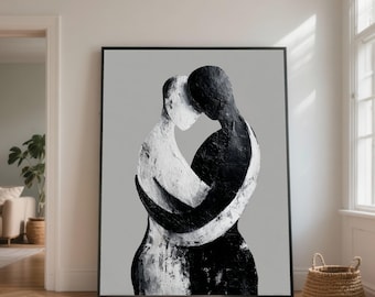 Abstract Couple Embrace Canvas Art, Black and White Romantic Decor