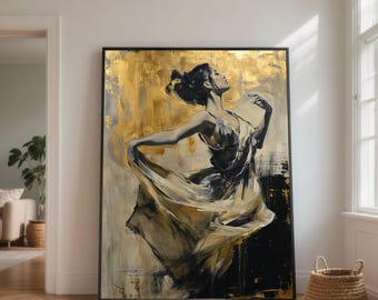Ballet Dancer Canvas Art, Gold and Black, Modern Abstract Painting