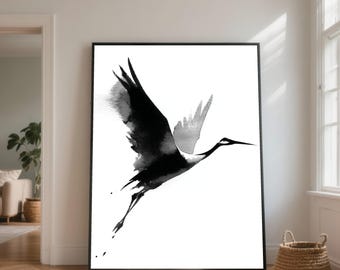 Elegant Crane Canvas, Black and White Watercolor, Modern Nature Decor
