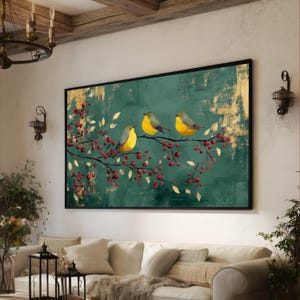 Yellow Birds on Berry Branch Canvas, Rustic Nature Wall Art, Vintage Style Bird Painting, Green and Red Botanical Canvas, Home Decoration