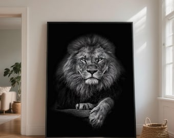 Majestic Lion Portrait, Black and White Animal Canvas Wall Art
