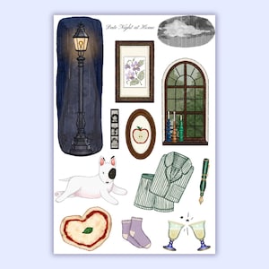 Op de afbeelding: Een verzameling aquarel illustraties met een straatlantaarn, ingelijste kunstwerken, een raam, een hond, een hartvormige pizza, pyjama's, sokken, champagneglazen en een pen. De tekst "Date Night at Home" staat bovenaan.