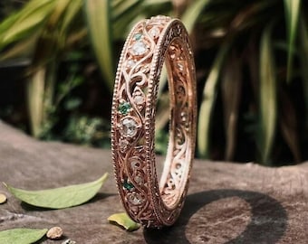 Vintage Rose Gold Wedding Band Art Deco Emerald Moissanite Eternity Band Filigree Milgrain Ring Antique Engraved Stacking Ring Promise Gift