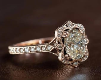 Anillo de compromiso de oro rosa con corte ovalado / Anillo vintage con halo floral festoneado / Anillo de boda de oro de 14 quilates con diamantes y milgrain / Regalo de estilo antiguo